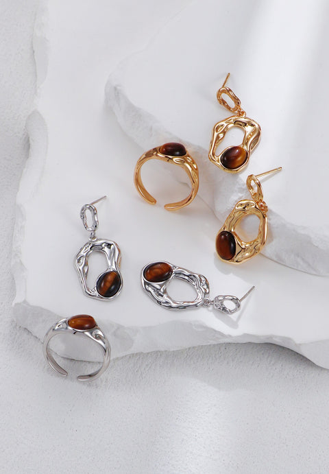 Silver Tiger's Eye Wave Open Signet Ring