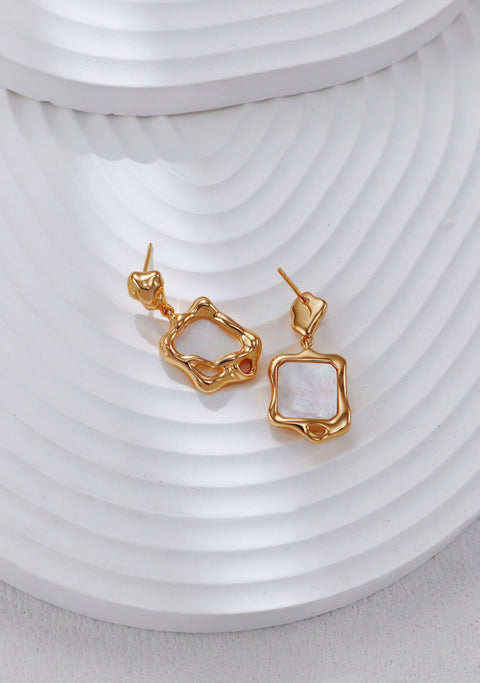 Gold Plated Iridescent Molten Square Drop Earrings