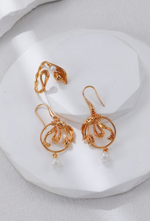 Gold Plated Pearl Leaf Drop Earrings