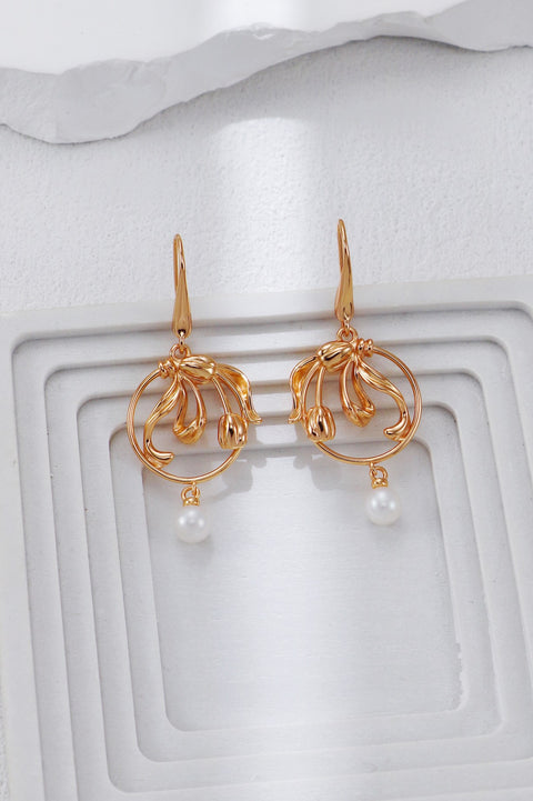 Gold Plated Pearl Leaf Drop Earrings