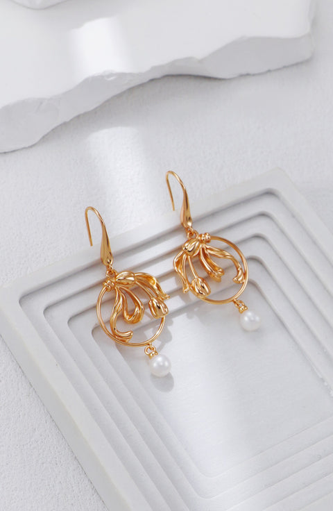 Gold Plated Pearl Leaf Drop Earrings