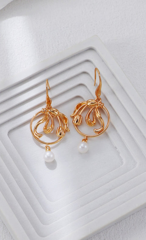 Gold Plated Pearl Leaf Drop Earrings