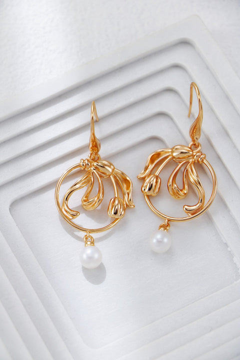 Gold Plated Pearl Leaf Drop Earrings