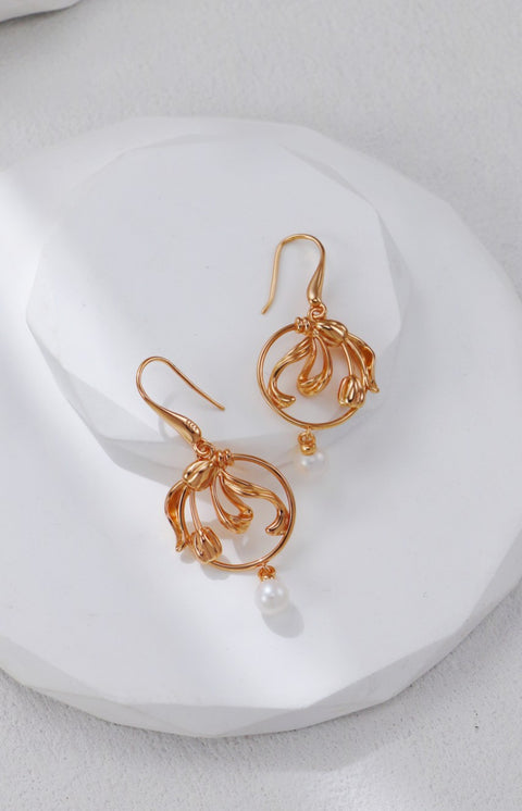 Gold Plated Pearl Leaf Drop Earrings