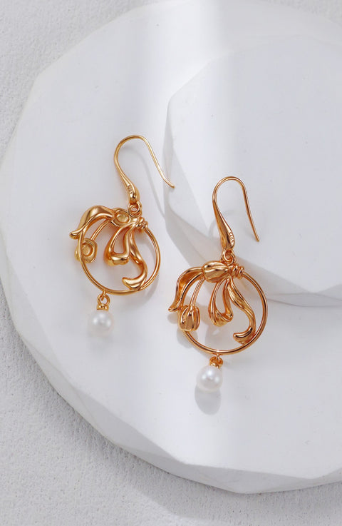 Gold Plated Pearl Leaf Drop Earrings