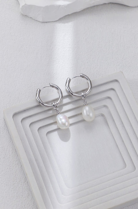 Silver Hoop Pearl Drop Earrings