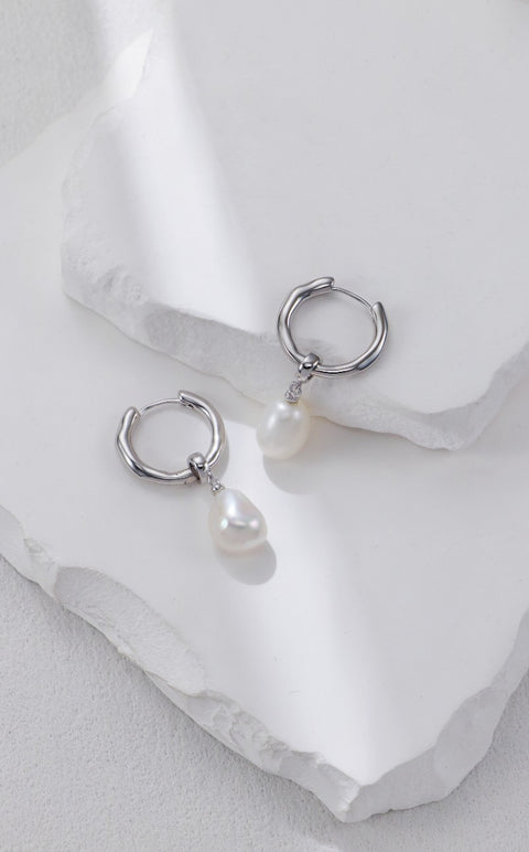 Silver Hoop Pearl Drop Earrings