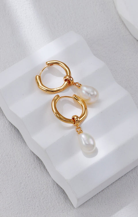 Gold Plated Hoop Pearl Drop Earrings