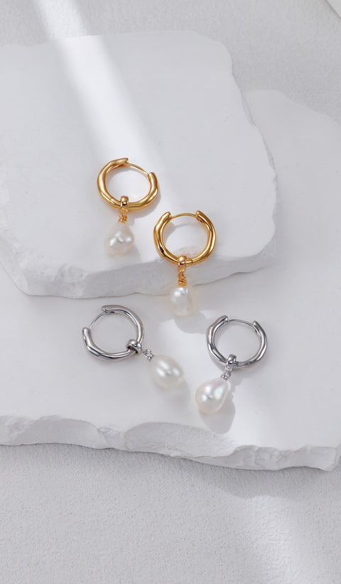 Gold Plated Hoop Pearl Drop Earrings