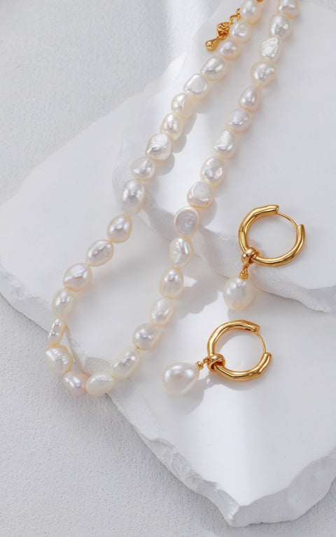 Gold Plated Hoop Pearl Drop Earrings