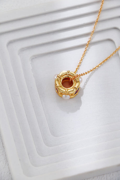 Gold Plated Ruby & Pearl Pendant Necklace