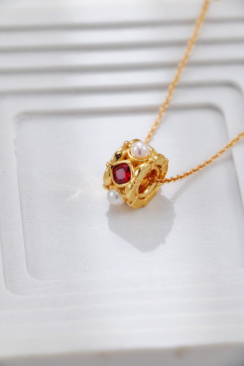 Gold Plated Ruby & Pearl Pendant Necklace