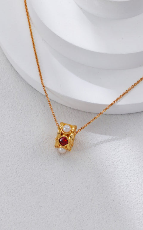 Gold Plated Ruby & Pearl Pendant Necklace