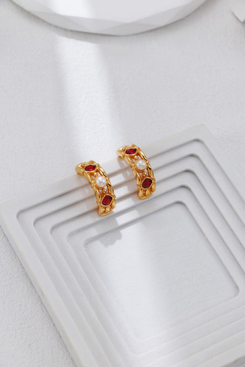 Gold Plated Ruby & Pearl Earrings