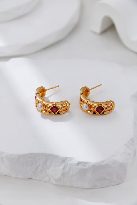 Gold Plated Ruby & Pearl Earrings