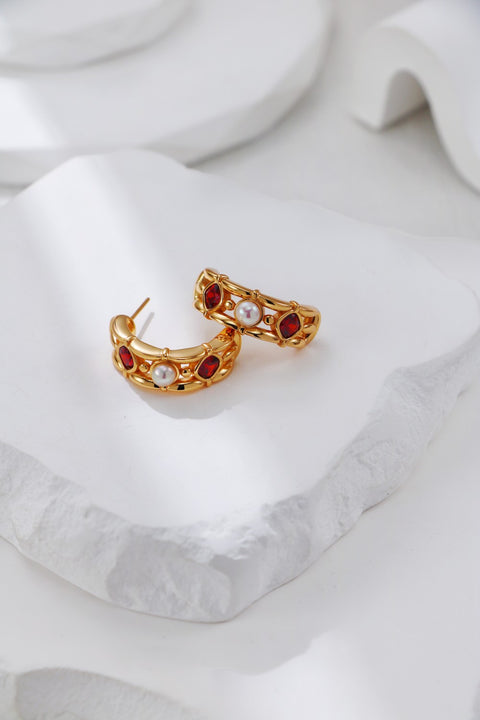 Gold Plated Ruby & Pearl Earrings