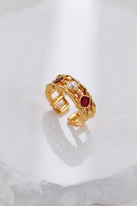 Gold Plated Ruby & Pearl Open Ring