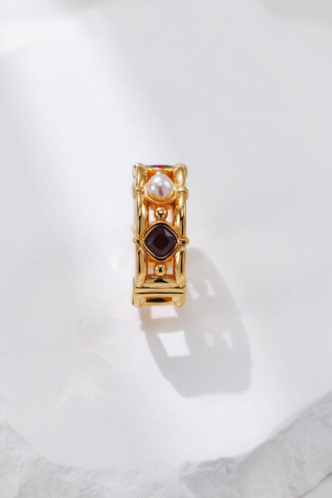 Gold Plated Ruby & Pearl Open Ring