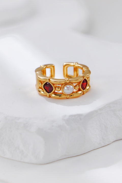 Gold Plated Ruby & Pearl Open Ring