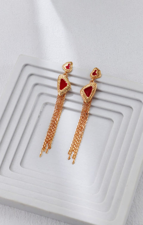 Gold Plated Scarlet Glaze Pie Tassel Earrings