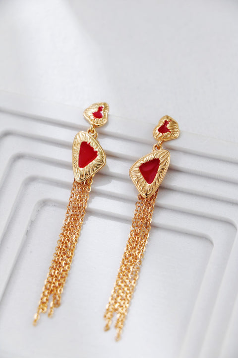 Gold Plated Scarlet Glaze Pie Tassel Earrings