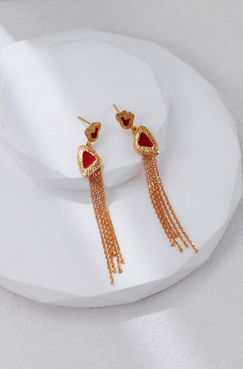 Gold Plated Scarlet Glaze Pie Tassel Earrings