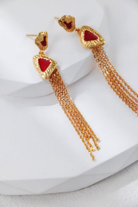 Gold Plated Scarlet Glaze Pie Tassel Earrings