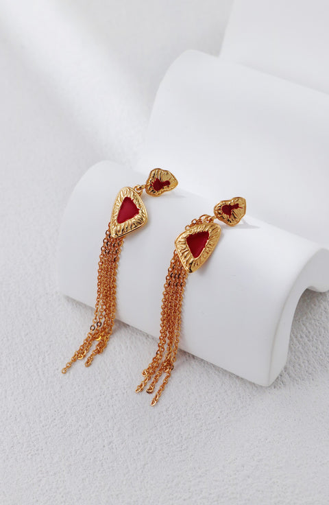 Gold Plated Scarlet Glaze Pie Tassel Earrings