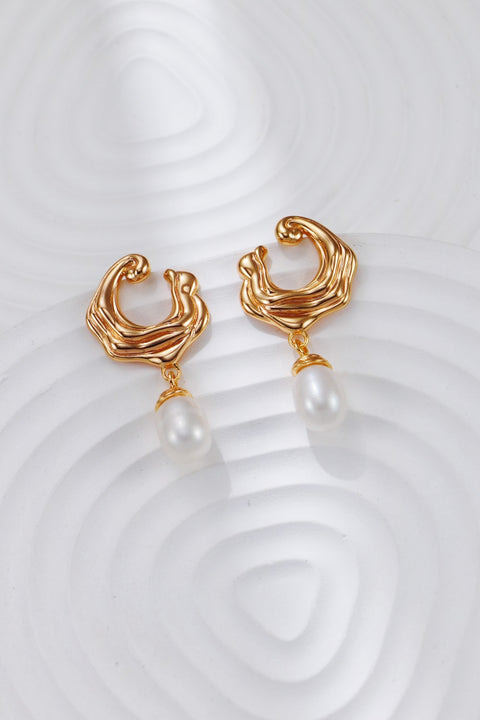 Gold Plated Pearl Sea Wave Pendant Earrings