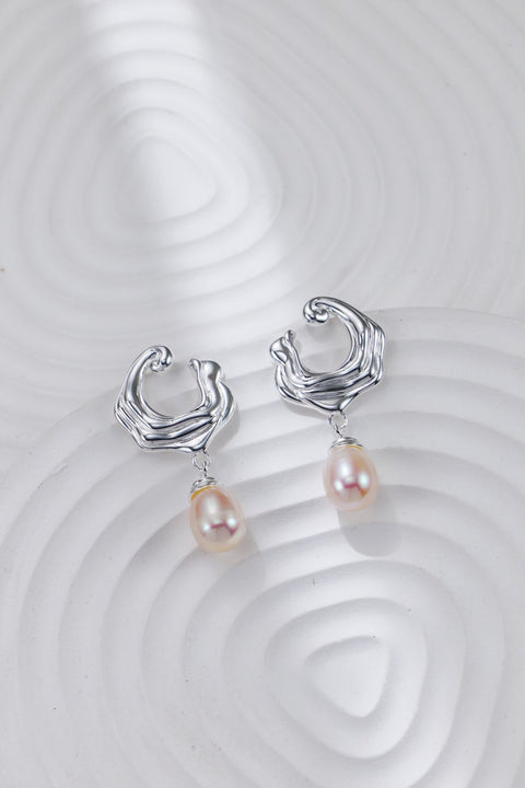 Silver Pearl Sea Wave Pendant Earrings