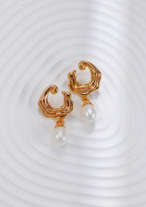 Gold Plated Pearl Sea Wave Pendant Earrings