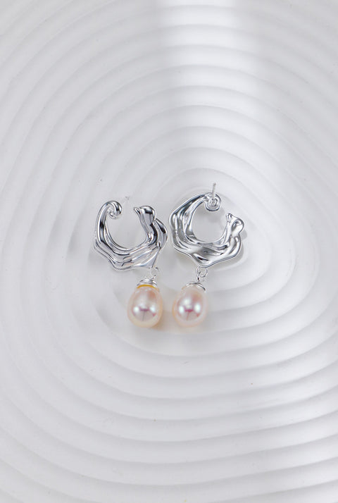 Silver Pearl Sea Wave Pendant Earrings