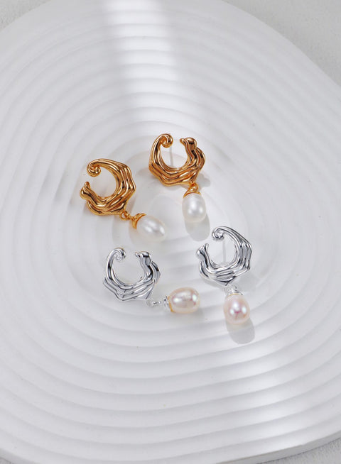 Gold Plated Pearl Sea Wave Pendant Earrings