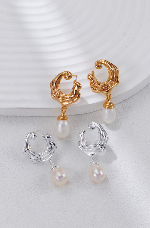 Gold Plated Pearl Sea Wave Pendant Earrings