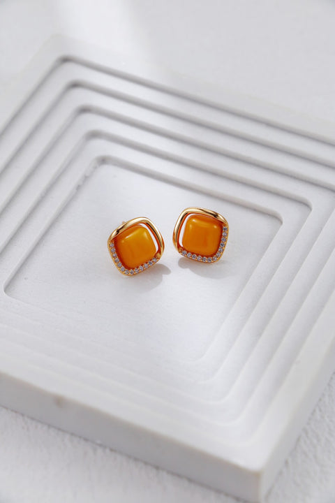 Gold Plated Zirconia Amber Statement Stud Earrings