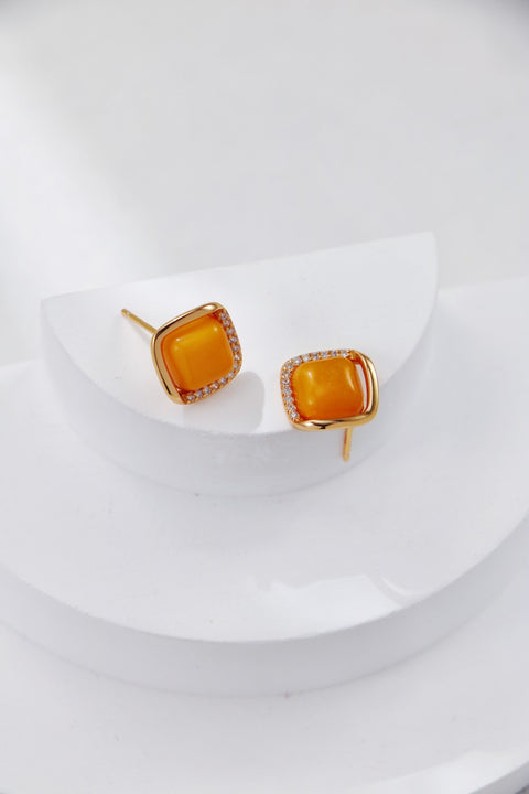 Gold Plated Zirconia Amber Statement Stud Earrings