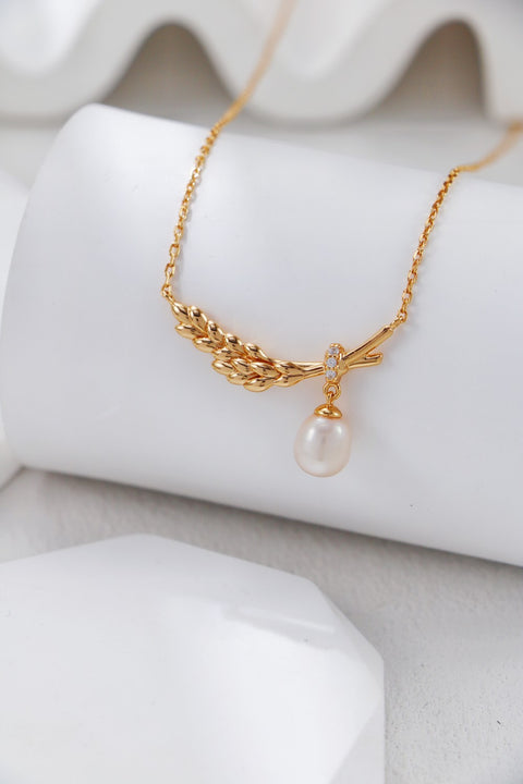 Gold Plated Wheat Leaf Zirconia Pearl Necklace