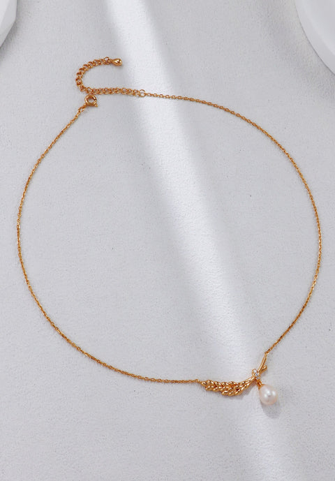 Gold Plated Wheat Leaf Zirconia Pearl Necklace