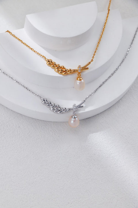 Gold Plated Wheat Leaf Zirconia Pearl Necklace