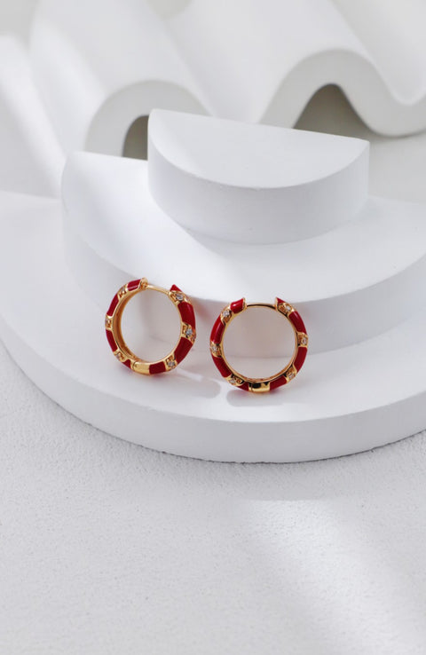 Red Drip Glaze Round Zirconia Clicker Hoop Earrings