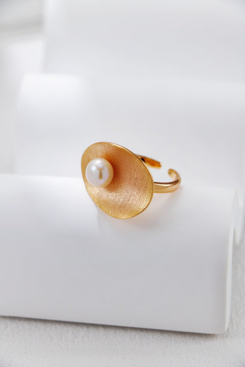 Gold Plated Pearl & Lotus Leaf Ring