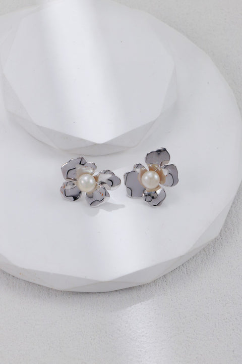 Silver Floral Pearl Stud Earrings