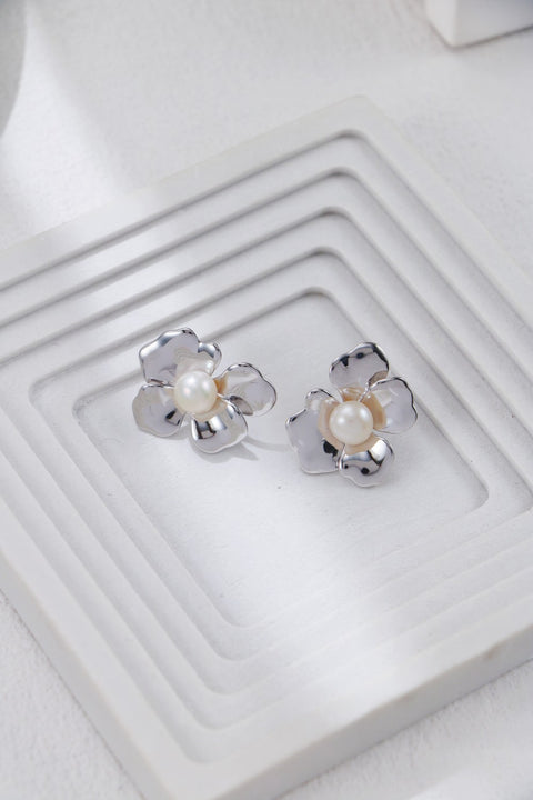 Silver Floral Pearl Stud Earrings