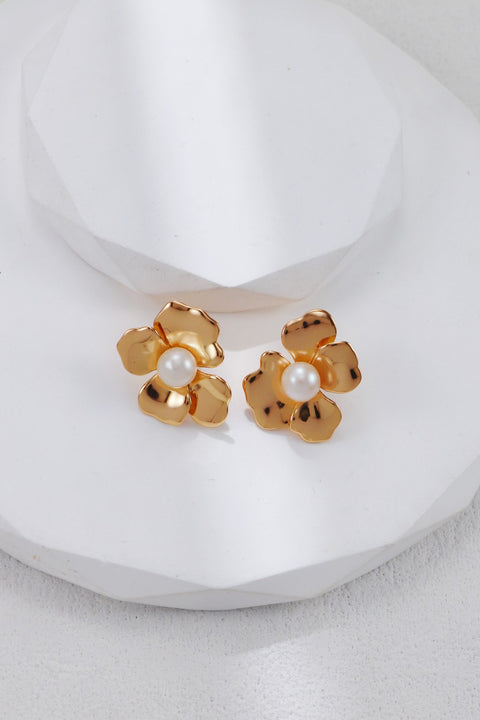 Gold Plated Floral Pearl Stud Earrings