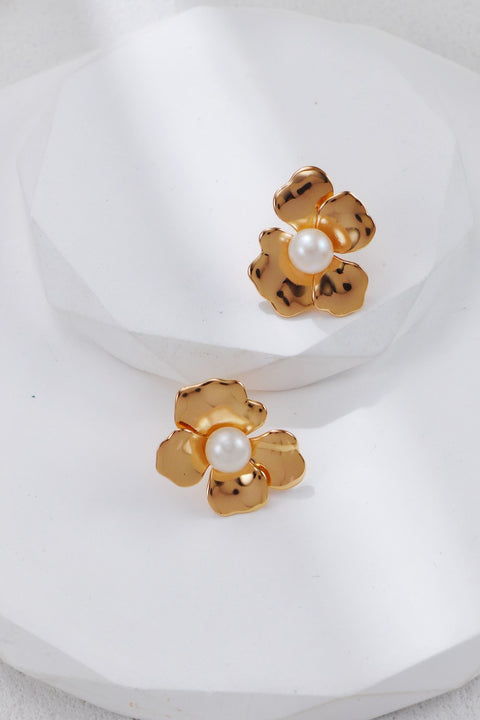 Gold Plated Floral Pearl Stud Earrings