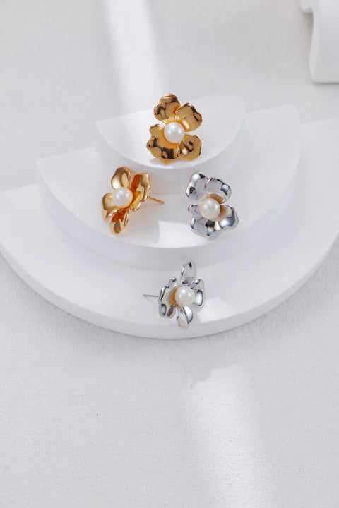 Gold Plated Floral Pearl Stud Earrings