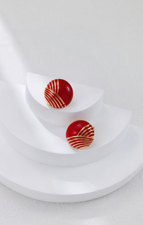 Red Hemisphere Striped Stud Earrings