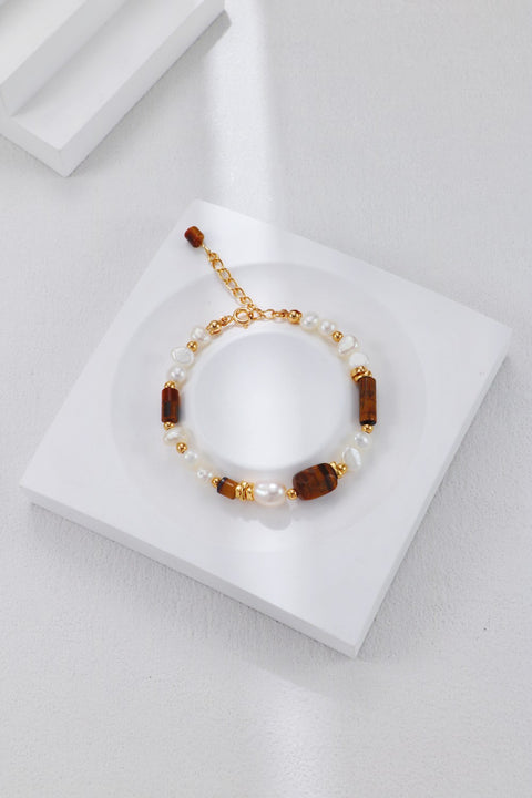 S925 Gold Plated Tiger's Eye & Pearsl Bracelet