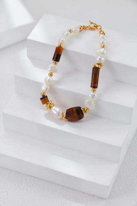 S925 Gold Plated Tiger's Eye & Pearsl Bracelet