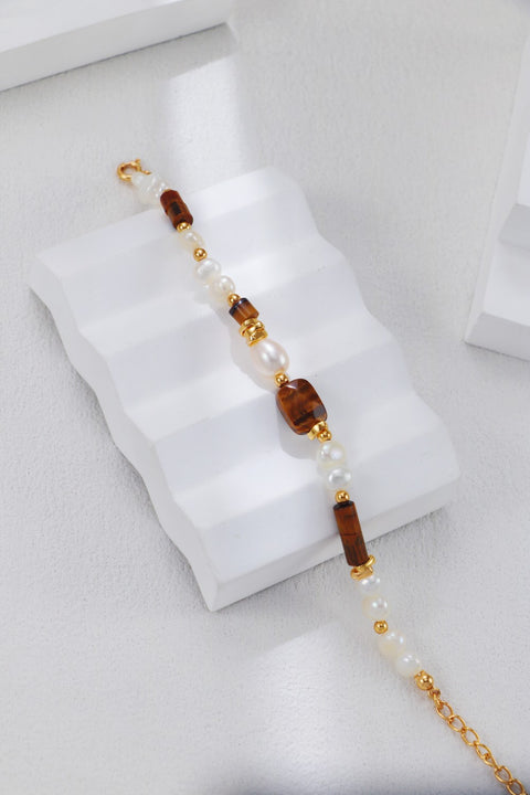 S925 Gold Plated Tiger's Eye & Pearsl Bracelet